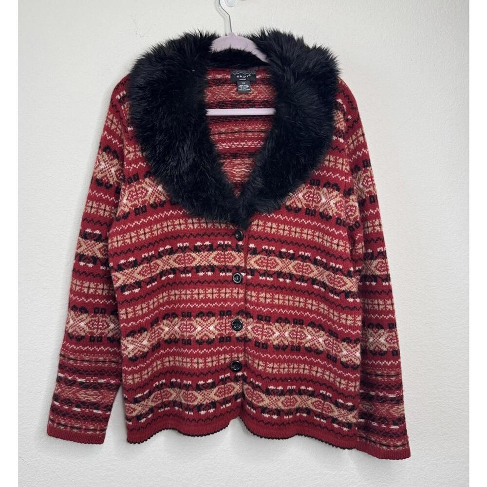 VTG Skyr Woman 100% Wool Fair‎ Isle Cardigan Sweater Faux Fur Collar Sz 2X 80s